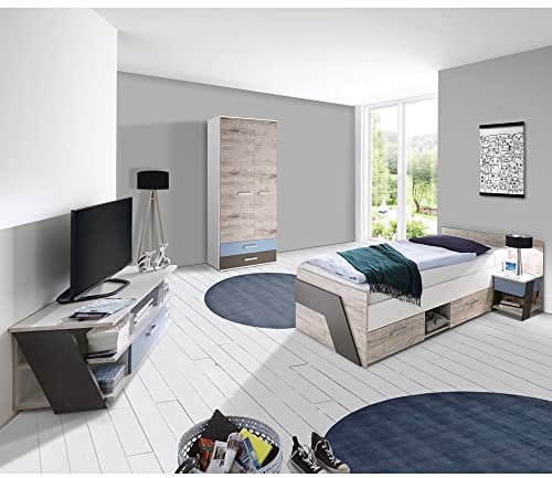 Jugendzimmer Kinderzimmer Set, Eiche weiß Lava blau, 90 x 200 cm Kojenbett Jugendbett, Kleiderschrank, Nachttisch,TV Lowboard