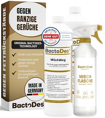 BactoDes - MilchWeg spezial Geruchsneutralisierer 2L Konzentrat mit Spray-Mischflasche - Enzymreiniger mit BIO Mikroben-Wirkung gegen Milchgeruch - Ranziger Fettgeruchsentferner für Sahne, Fett, Öl