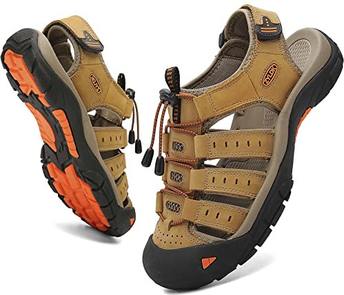 ZYLDK Sandalias de Senderismo para Hombres Verano Exterior Deportivas Zapatos Trekking Casual Zapatos de Montaña Cuero Sandalias de Playa Antideslizante Verano,Amarillo,45