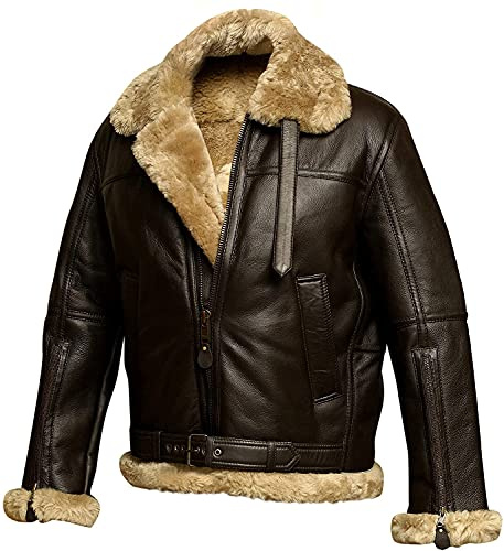 Herren B3 Braun Aviator Schaffell RAF Echt Bomber Leder Jacke Kunstfell Kragen für den Winter, braun, XL