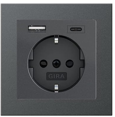 Gira Komplett Set 245928 Schuko Steckdose USB-Anschluss Shutter Berührungsschutz Typ A (max.2,4A) Typ C (max.3A) 021123 1-fach Rahmen E2 Anthrazit UP Unterputz Wandsteckdose Smartphone Tablet