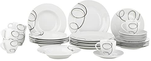 KHG | Kombiservice 30-teilig 6 Personen |Geschirrset aus Porzellan in weiß mit Details in schwarz/beige | Tafelservice & Kaffeeservice | Zeitloses Design