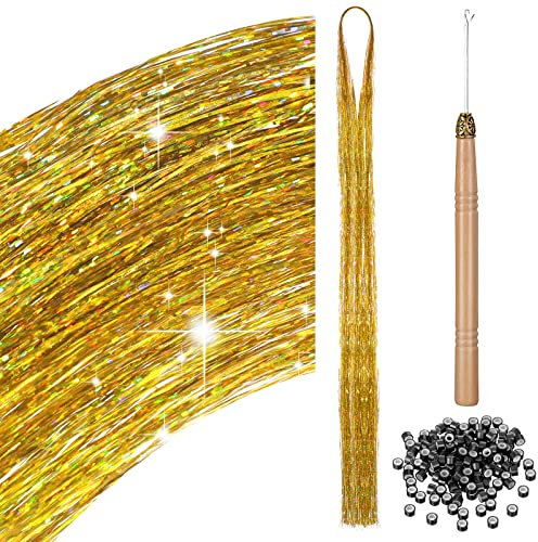 200 Haar Lametta mit Werkzeug Lametta Haarverlängerung Glitzer Haarteil zum Flechten Haarsträhne Kit für Frauen Mädchen Kinder Cosplay Party Zubehör (Gold)