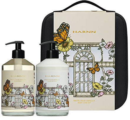 GESCHENKSET KÖRPERPFLEGE BEAUTY BAG + HYALURON, CICA, NIACINAMID & VITAMIN C I HARNN WHITE TEA & CAMELLIA COLLECTION, Duschgel & Body Lotion, 2 x 480ML