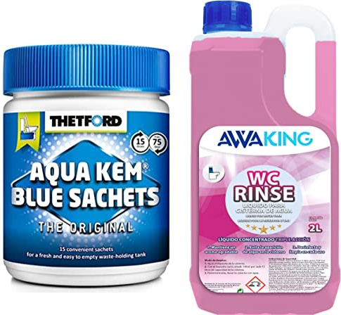 PLANTAWA Thetford Aqua KEM Blue Sachets + Rinse Awaking 2l,Líquido WC Químico,Liquido WC Potti, Aditivo Aguas Negras Caravana, Liquido Taza WC,Depósitos Autocaravanas,Concentrado,Aromatizante