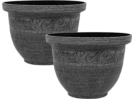 simpa Kingscliffe Rustic Effect Plastic Planter Pots - GREY, Set of 2 Pots - 26cm (H) x 36cm Diameter.