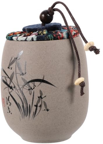 KICHOUSE Coarse Pottery Tea Canister Cloth Lid, Small Portable Sealed Tea Storage Jar, Chinese Style Orchid Pattern, Food Storage Container for Home and Restaurant