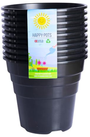 Happy Pots - 15cm Gloss Black - Pack of 10 Premium Plastic Plant Pots - Reusable Flower Pots for Indoor/Outdoor Home Décor Gardening - Round, Heavy Duty, UV Resistant, Recyclable - Made in UK