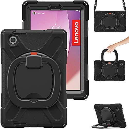 UFinetech Case for Lenovo Tab M8 4th Gen, Heavy Duty Shockproof Cover for Lenovo M8 Gen 4 Tablet TB-300FU, 360° Rotating Hand Strap, Foldable Stand, Anti-Slip Handle, Shoulder Strap, Pen Holder, Black
