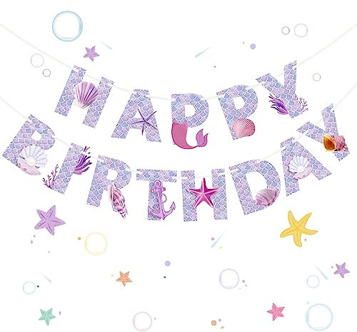 Mermaid Happy Birthday Banner - Party Decorations for Girls, Mermaid Theme Supplies for Home, Table, Outdoor