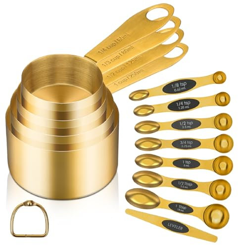 Cuteefun Cucharas Medidoras y Tazas Medidoras, 12 Piezas, 4 Tazas Medidoras Métricas, 8 Cucharas Medidoras Magnéticas de Doble Cara con Palanca, Utensilios de Cocina de Acero Inoxidable para Hornear