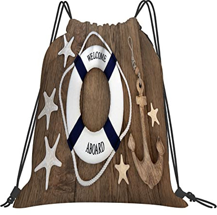 Rucksack mit Kordelzug,Anker, Rettungsring Anker Seesterne Muscheln über alte Eiche Hintergrund Marine Lifestyle,Kordelzug-Sackpack für Sport, Yoga, Reisen, Cinch-Tasche mit Reißverschlusstasche