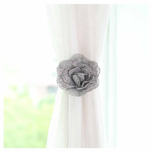 SHTGOI 2 Stücke Blumen Vorhang Raffhalter Magnetische Gardinenhalter Klammer ohne Bohren Vorhang Zugband Blasenblume Vorhanghalter mit Flexiblem Seil für Wohnzimmer Badezimmer Deko 40cm Grau