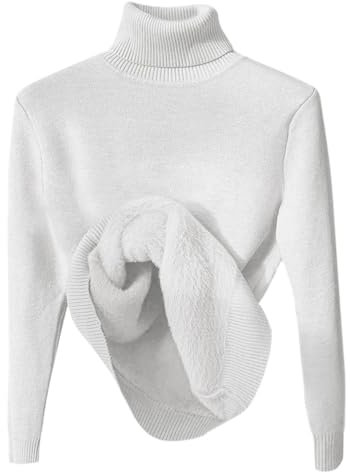 Minetom Pull Col Roulé Femme Pullover Manches Longues Doublé Polaire Pull Basique Chandail Casual Chaud sous-vêtement Thermique Hauts Tops A Blanc XS