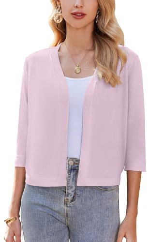 Zeagoo Bolero da Donna Solido Manica a 3/4 Elegante Bolero Giacca Festiva Cardigan Corto Cardigan Casual Aperto sul Davanti Bolero Rosa S