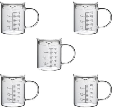 Juego de 5 tazas medidoras de cristal con tapa con asa multifunción para cocina 250 ml