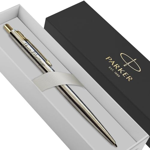 Parker Classic Slimline Ballpoint Personalised Pen In Classy Gift Box Ideal Valentine's day, Birthday or Fathers Day Gift Perfect Men & Women Engraved Parker Pen (Silver, Gold Clip)
