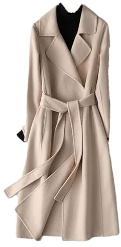 Zweireihiger langer Wollmantel für Damen mit Gürtel, beige, 36