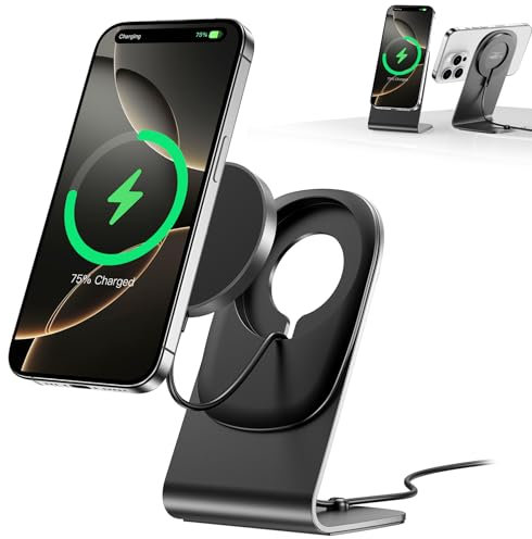 Mag Safe Ladegerät BHHB Mag Safe Ladestation mit Ständer 15W Wireless Charger für iPhone 16/15/14/13/12/Xs/X/Xr/8 Serie und Air Pods 4/3/2/Pro (Schwarz)