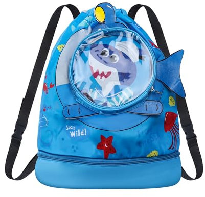 Friedwohl Kinder Schwimmtasche, Mädchen Jungen Wasserdicht Turnbeutel Schwimmrucksack Trainingstasche mit Nassfach, Nasser und Trockener Sportrucksack，Haifisch