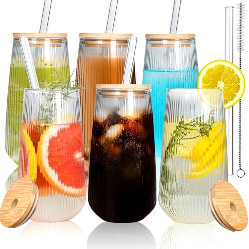 ONEHAUS 18oz Vintage Ribbed Drinking Glasses Cups Set of 6, Ribbed Glassware with Bamboo Lid and Straws,Water Glasses for Juice, Beer, Coffee, Tea and Cocktail (Clear (6Pcs))