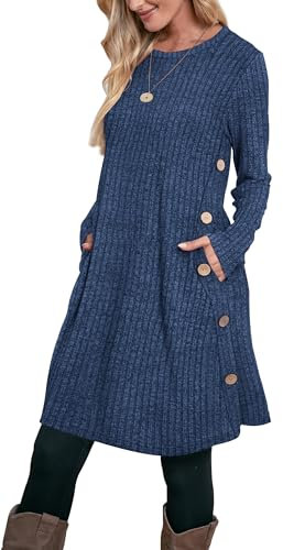 Aokosor Women's Long Sleeve Tunic Dress with Pockets and Side Buttons - Size 10-12, Dark Blue