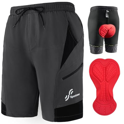 Sportneer Cycling Shorts for Men - Mountain Bike MTB Shorts, Lightweight and Baggy With Zipper Pockets for Outdoor Cycling, Running, Bicycle Training - Dark Grey