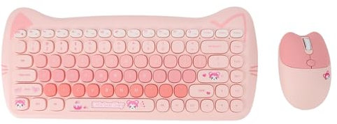 2,4 G Kabellose Tastatur und Maus-Kombination, Niedliche Retro-Tastatur mit Runden Tastenkappen, 84 Tasten Schreibmaschinentastatur und 4 Tasten Maus-Set für PC Laptop (PINK)