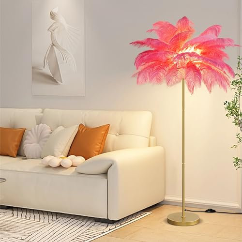 YQGOO Lampadaire Sur Pied Salon Lampadaire En Plume 3 Températures De Couleur 160cm Lampe Sur Pied, Moderne Dorée Lampadaire Led Ampoule G4 avec Plume D’autruche Abat-jour Décoration Chambre (rose)
