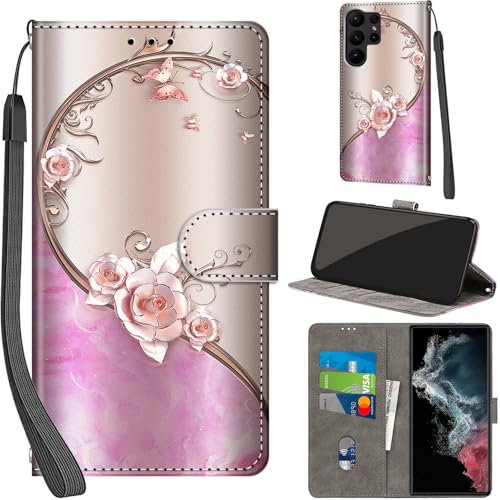 Handyhülle für Samsung Galaxy S23 Ultra Hüllen Premium Leder Case Klappbar Wallet Magnet Kartenfach Standfunktion Schutzhülle kompatibel mit Samsung S23 Ultra Cover,Rose