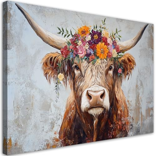 Feeby Leinwand Bilder - Vintage Schottische Kuh Blumen - Vlies 60x40 cm - Deko Wohnzimmer - Wandbilder Schlafzimmer - Deko Aesthetic - Wand Deko - Leinwand Groß - Deko Zimmer - Leinwandbilder XXL