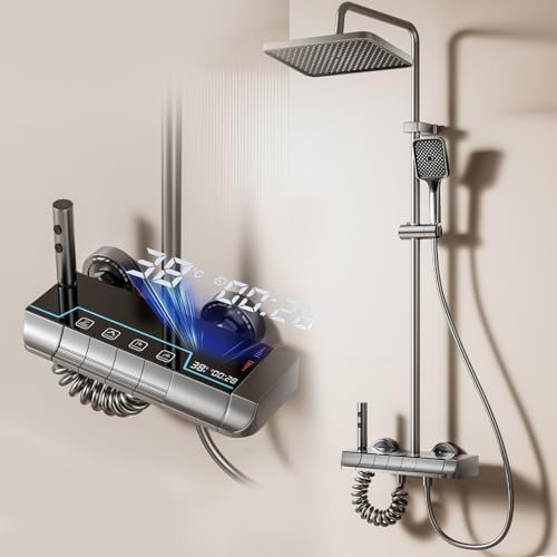 Juanya Système de Douche avec Écran Numérique LED et Affichage de l’Heure, Colonne de Douche Réglable en Hauteur Intégrant une Douchette Hygiénique, Équipée de Boutons Type Piano