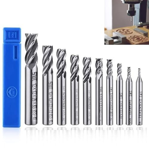 Lot de 10 fraises à queue HSS de 2 à 12 mm, 4 flûtes, fraises hélicoïdales CNC pour métal, bois, acrylique, jeu de fraises pour tour en carbure pour perçage de précision