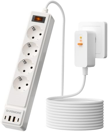 SAFEMORE 4-Fach Steckdosenleiste mit FI Schalter, Mehrfachsteckdose mit PRCD-Schutz (10mA), 4 USB-Ports (2 USB-C & 2 USB-A, 3,4A), 2m Kabel, 230V/16A (max. 4000W) für Büro/Haushalt, Weiß