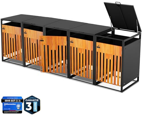 ALL Premium Mülltonnenbox 5er – Abschließbar, wetterfest & edle Holzoptik, für Garten, Hof & Straße, beliebig erweiterbar, legierter Stahl robust & langlebig