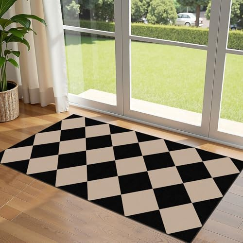 Othilic Front Door Mat Indoor Entrance - 2x4.3 Ft Black Tan Non-Slip Washable Outdoor Porch Rug Doormats Geometric Checkered Diamond Layered Rug for Front Door Kitchen Hallway Bedroom Laundry Room