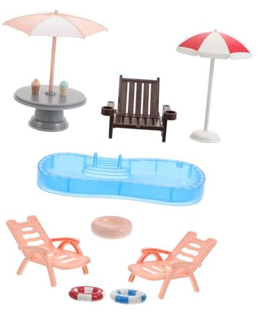 Abaodam Puppen Schwimmset mit Pool und Strandstuhl Miniatur-hausszenen-Dekoration Schwimmring und Sonnenschirm für Puppenhaus-Ornamente DIY-strandszenen-Modelle