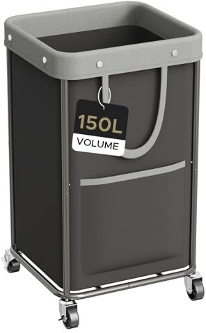 JYPS Wäschekorb mit Rollen, 150L Groß Laundry Baskets mit 2 Taschen&Griff, Wäschesammler mit Herausnehmbaren Wäschesack, Stabilisierte Stahlrohre Wäschekörbe für Waschküche, Schlafzimmer, Bad(Schwarz)