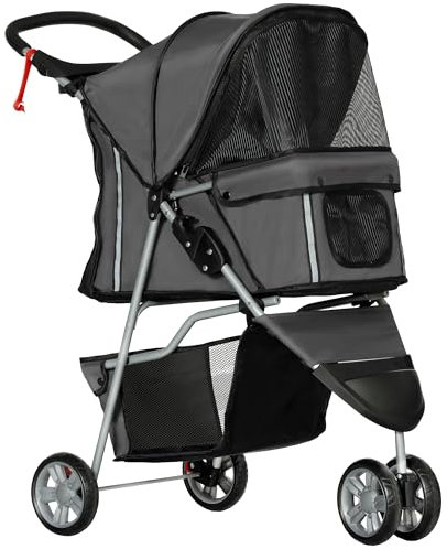 PawHut Hundewagen Hundebuggy klappbar für Hunde & Katzen Katzenbuggy mit Kissen Netzfenstern Getränkehalter Aufbewahrungstasche Katzenwagen Buggy Dunkelgrau