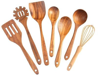 Juego de utensilios de cocina de madera de teca de 7 piezas, espátula de cocina, cucharón, paleta de arroz, colador, batidor y más, natural, resistente al calor y antiadherente, seguro para cocinar en