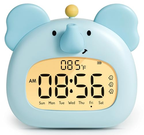 BANDIANCY Elefantenwecker für Kinderzimmer, blaue Elefanten-Tieruhr mit Nachtlicht, einstellbares Dimmen, 3 Alarme, laut, Timer, Jungen-Wecker Geschenk