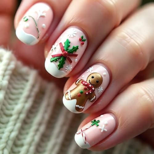 Viugex 24Pcs Christmas Press on Nails, Medium Square False Nails, French Pink White Fake Nail with 3D Gingerbread Man & Holly Leaves Designs, Reusable Acrylic Full Cover Stick on Nails for Women Girls