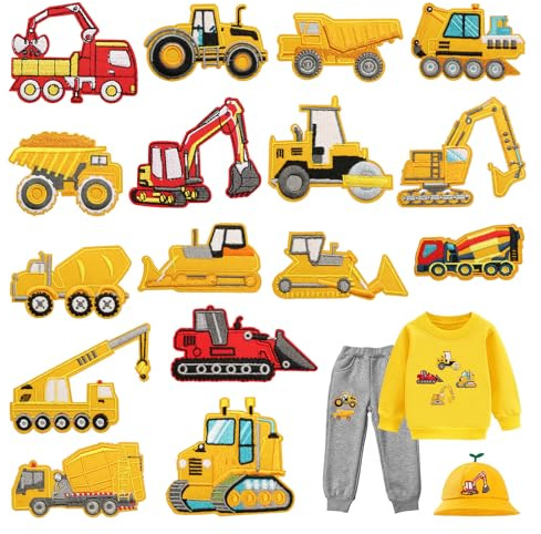 LdawyDE Flicken zum Aufbügeln Kinder, 16 stück Baufahrzeug-Bügelpatch | Patches zum Aufbügeln für Kinder und Transportliebhaber, Aufbügelflicken für T-Shirt, Jeans, Kleidung Taschen, Mützen