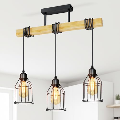 LVWIT Hängelampe Esstisch Holz 3 Flammig, E27 Esstisch Hängelampe Schwarz, Deckenlampe Hängend, Metall-Lampenschirm Holz Balken Pendelleuchte Wohnzimmer Hängend Küche Bar (ohne Glühbirne)