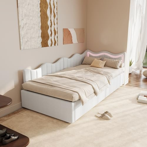 CXHLXYR Polsterbett Einzelbett 90x200 cm, Jugendbett mit LED Beleuchtung Hydraulisches Bett mit Stauraum Polsterbett 90x200 mit Bettkasten Schlafsofa mit gewelltem Kopfteil, Weiß(Weiß, 90x200)