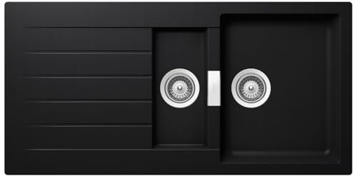 SCHOCK Küchenspüle 100 x 50 cm Signus D-150 Puro - CRISTADUR schwarze Granitspüle mit 1 ½ Becken und integrierter Abtropffläche ab 60 cm Unterschrank-Breite