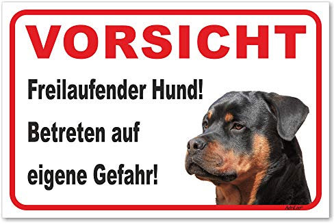 AdriLeo Schild - Vorsicht Rottweiler - Freilaufender Hund - (15x20cm) / Achtung Wachhund robust langlebig UV-beständig wetterfestes Warnschild