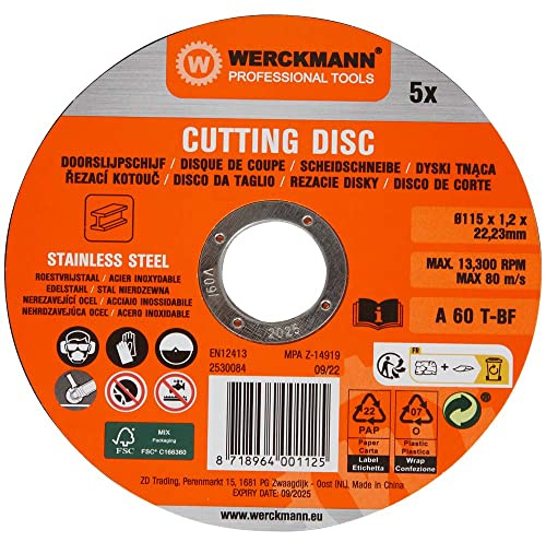 Disque à tronçonner Werckmann x5 (115 x 1,2 x 22,23 mm) Émeri Medium Vitrifié pour Meuleuse d’angle