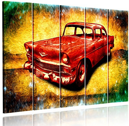 Feeby Frames, Leinwandbild, Bilder, Wand Bild - 5 Teile - Wandbilder, Kunstdruck XXL, Typ C, 140x300 cm, ALTER CADILAC, ELDORADO, VINTAGE, GELB, ROT