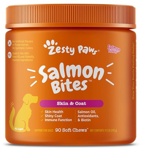 Zesty Paws, Salmon Bites for Dogs, Skin & Coat, All Ages, Salmon Flavour, 90 Soft Chews